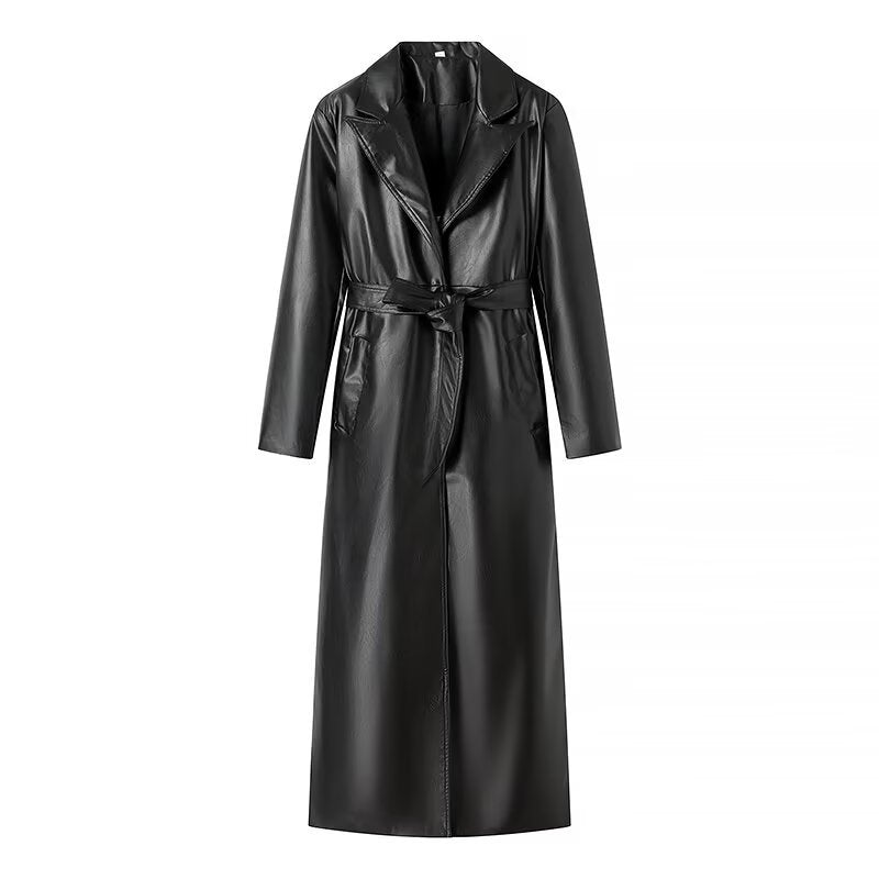 Women Coats Spring Faux Leather PU Black Long Trench Coat
