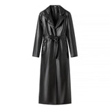 Women Coats Spring Faux Leather PU Black Long Trench Coat