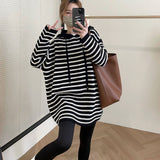 Women Knitted Pullover Fall Winter Hooded Striped Knitwear Loose Casual Top