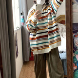 Women Knitwear Autumn and Winter Color Striped Lapel Sweater Loose Knitted Cardigan