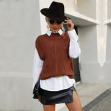 Women Knitted Sweater Autumn Short Sleeve Solid Color Cable-Knit Sweater Vest Jacket