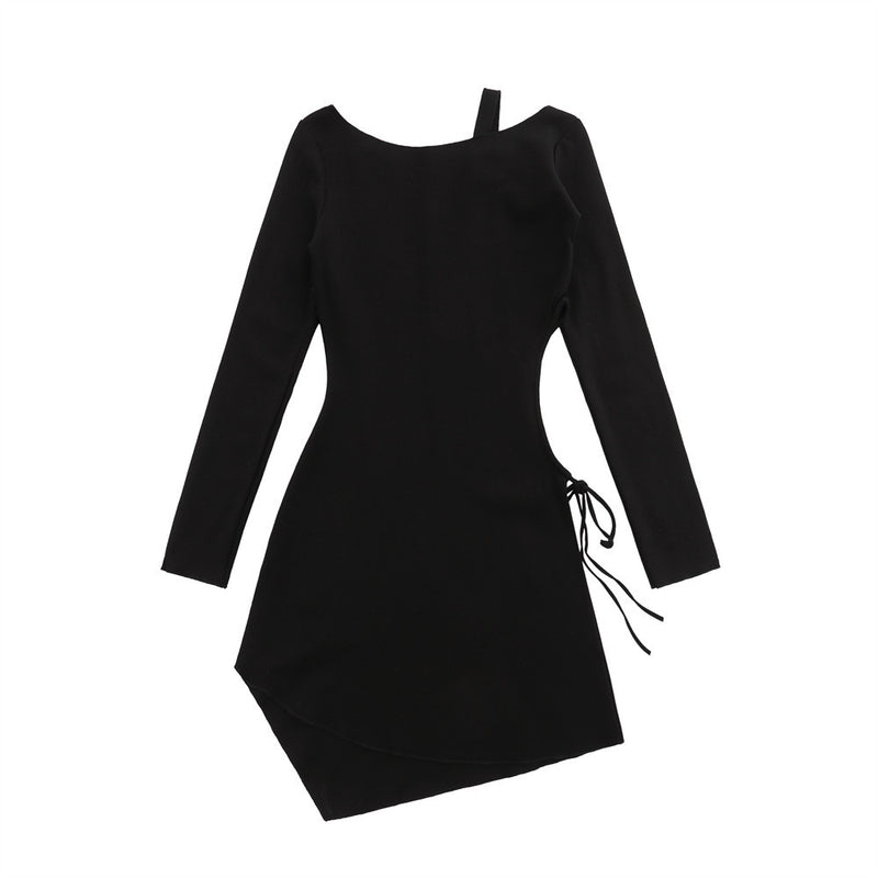 Women Dresses off-the-Shoulder Dress Hollow-out Midriff Long Sleeve Short Dress