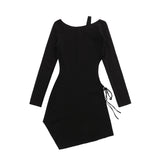 Women Dresses off-the-Shoulder Dress Hollow-out Midriff Long Sleeve Short Dress