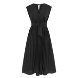 Women Date Dress Summer V-neck Pleated Sleeveless Waist Dress