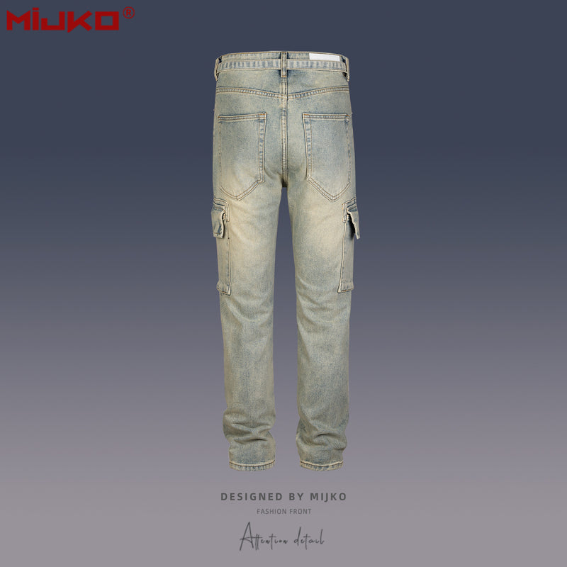 MIJKO Men Vintage Pants Multi-pocket Straight Jeans With Belt