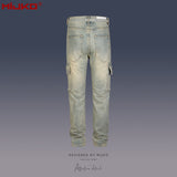 MIJKO Men Vintage Pants Multi-pocket Straight Jeans With Belt
