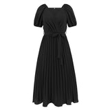 Women Date Dress Summer V-neck Puff Sleeve Lace-up Pleated Dress