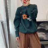 Women Knitted Pullover Vintage Flower round Neck Autumn and Winter Loose Flower Knitwear Sweater