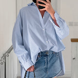 Women Trench Coat Blue Striped Long Sleeve Shirt Casual Winter