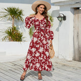 Women Date Dress Autumn Winter Sexy Long Sleeve V-neck Lantern Sleeve Backless Floral Long Tie Dress