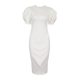 Women Dress round Neck Puff Sleeve Hip Skirt White Short Sleeve Dress