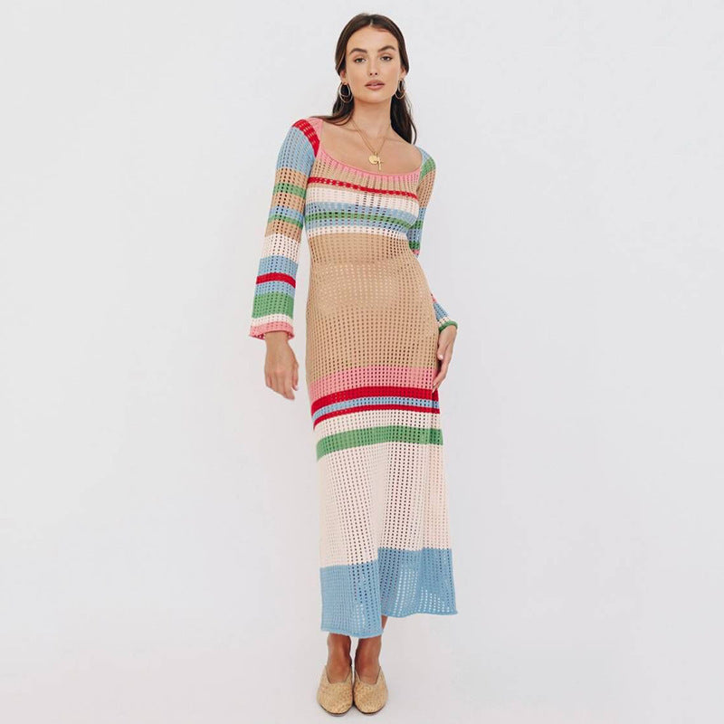 Women Knit Beach Cover Autumn Dress Color U Collar Sexy Hollow Long-Sleeved Knitted Dress