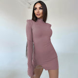 Women Dresses Winter Slim Fit Slit round-Neck Long-Sleeved Dress