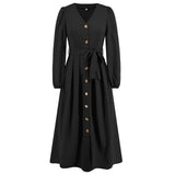 Women Date Dress Single-Breasted Cardigan Skirt V-neck Bubble Long Sleeve Dress
