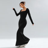 Women Dress Black Knitted Long Sleeve Narrow Long Dress with Square Collar