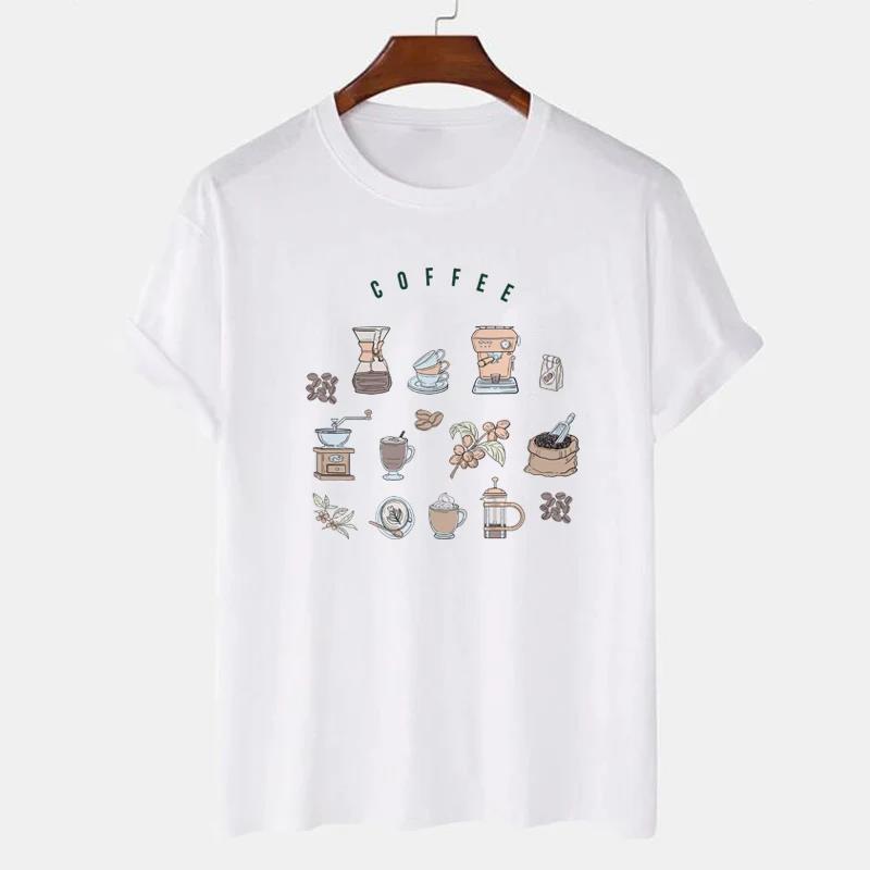 Female Coffee Icons Print T Shirt Summer Casual O-neck Loose