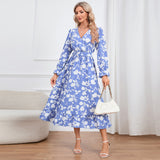 Women Date Dress Floral Dress Autumn and Winter V-neck A- line Skirt