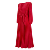 Women Date Dress Autumn and Winter V-neck Long Sleeve Pleated Dress
