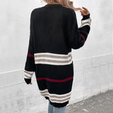 Women Knitted Sweater Autumn and Winter Long Sleeve Color Matching Long Sweater Cardigan Coat