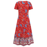 Women Date Dress Floral Dress Short Sleeve V-neck Bohemian A- line Skirt