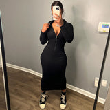 Women Dresses Winter Sexy Zipper Hooded Long Sleeve Dress