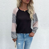 Women Knitted Sweater Autumn Long Sleeve Waffle Top Stitching Leopard Print
