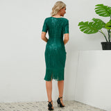 Women Date Dress round Neck Vintage Sequined Tassel Evening Dress