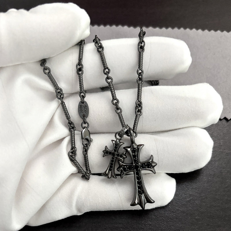 Chrome Hearts Necklace Cross with Diamond Thai Silver Black Pendant Men's and Women's
