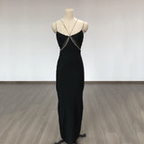 Women Evening Dress Crystal Drill Chain Straps Tulle Backless Evening Gown