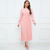Women Date Dress Fall/Winter Slim Long Sleeve round Neck Pleated Long Dress