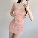 Women Dresses Square Collar Dress Short-Sleeved Sheath Dress Skirt
