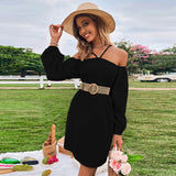 Women Dress Spring/Summer Loose Casual Short Skirt off-Shoulder Braces Long Sleeve Dress