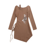 Women Dresses off-the-Shoulder Dress Hollow-out Midriff Long Sleeve Short Dress