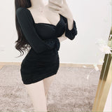 Women Dresses V-neck Puff Sleeve Ruffle Hip Dress