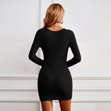 Women Dress Sexy Hip Skirt Single-Breasted U-Neck Knitted Long-Sleeved Dress