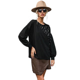 Women Knitted Sweater Autumn Winter Retro Top Bead Long Sleeve Black Sweater