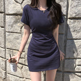 Women Dresses Bow round Neck Short Sleeve Dress Skirt