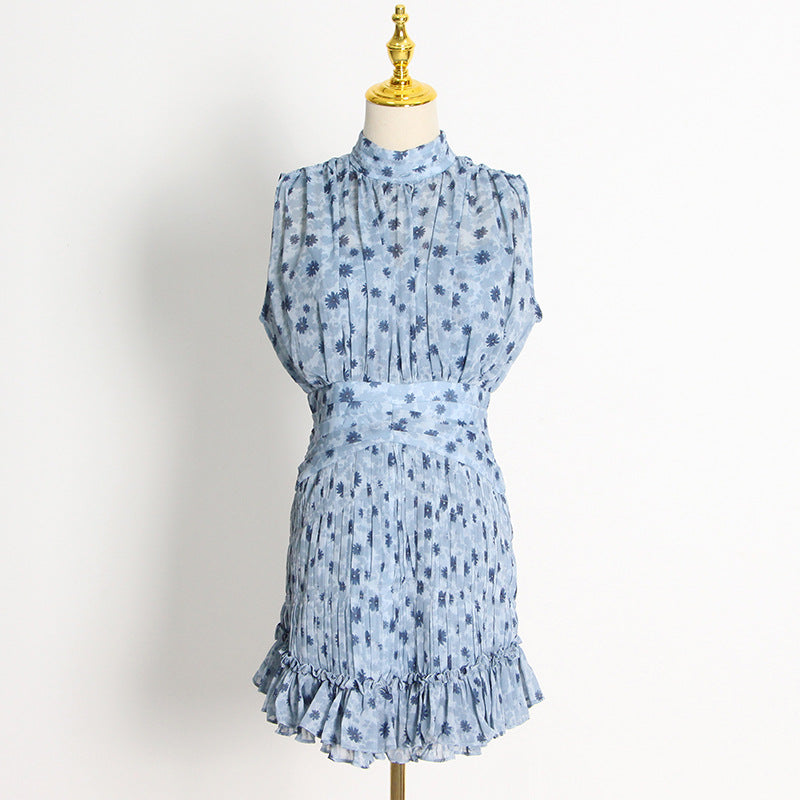 Women Dresses Summer Stand Collar Printed Sleeveless Ruffled Short Dress (Qymy0409)