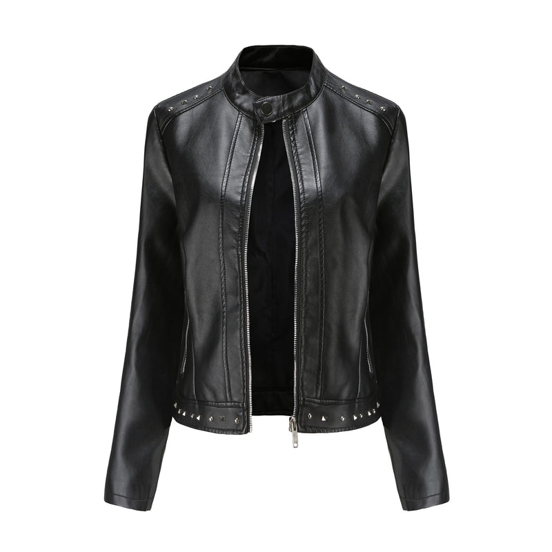 Red Leather Jacket Rivet Leather Clothing with Stand Collar
