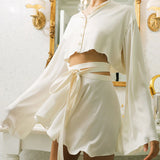 Women T-shirt Summer Sexy Skirt Long Sleeve Button Cardigan Top Suit