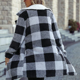 Women Trench Coat Autumn Lapel Long Sleeve Buckle-Free Plaid Long Loose Cardigan Double-Sided Casual Coat