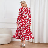 Women Date Dress Floral Dress Autumn and Winter V-neck A- line Skirt