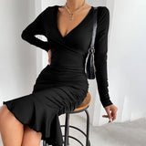 Women Dress Sexy V-neck Knitted Long Sleeve Narrow Dress