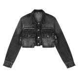 Women Jacket Ripped Short Denim Jacket Autumn Zipper Decorations Jacket
