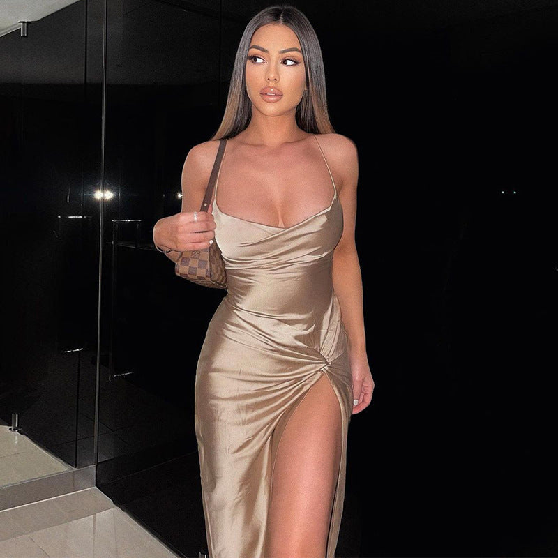 Women Dresses Fall Sexy Backless Lace up Slim Fit Slit Dress