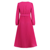 Women Date Dress Autumn and Winter V-neck Lace Pleated Lace-up Long Dress