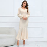 Women Date Dress V-neck Fishtail Skirt Elegant High Waist Evening Long Dress