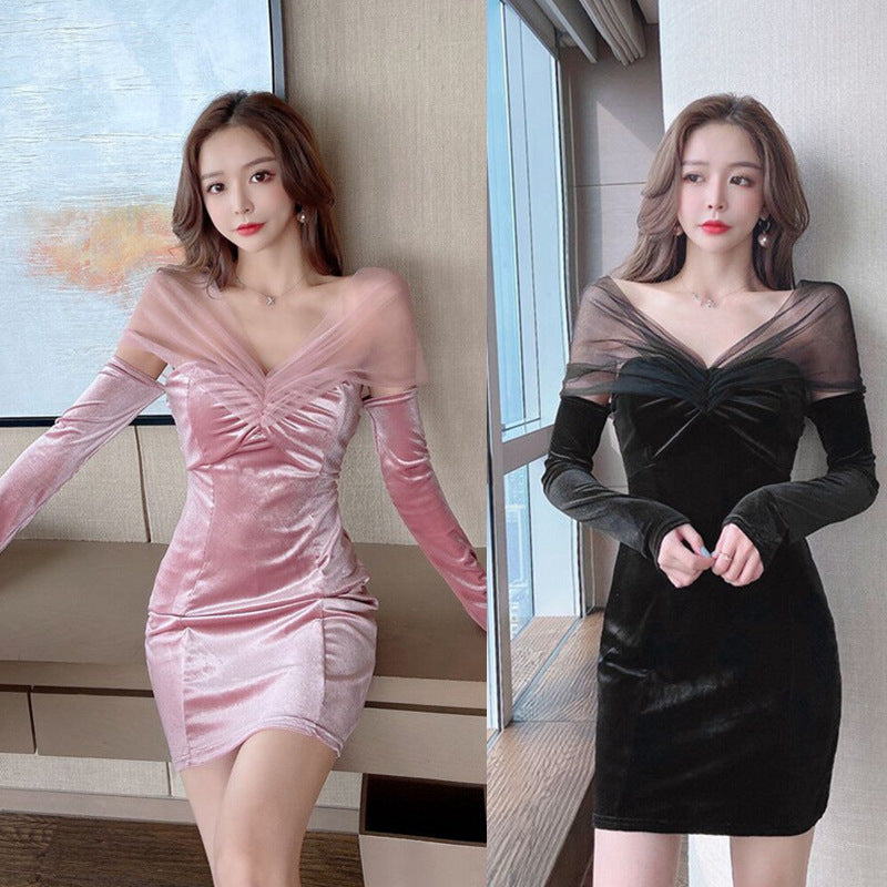 Women Maxi Dress Autumn and Winter Mesh off-Shoulder Sexy Slim Hip Dress