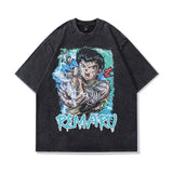 Men T Shirt Cartoon Distressed Short Sleeve T-shirt Vintage Washed Oversize Half Sleeve T-shirt