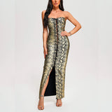 Women Evening Dress Python Print Long Dress Bandage Sexy Slit Dress
